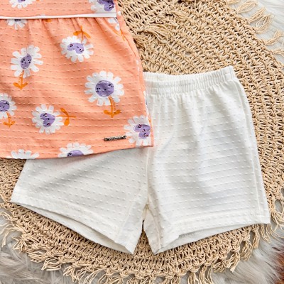 Conj. Regata Florzinhas e Short - Salmão e Off White